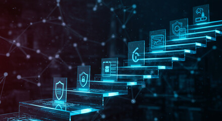 Steps to digital transformation, illustrating progress through data analytics, information security, and technological advancement.