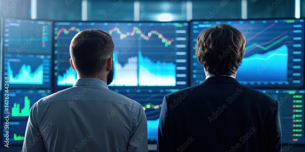 Poster two business professionals analyze financial data displayed on multiple screens in a modern office s