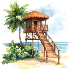 Fototapeta premium tropical beach house surrounded by palm trees and greenery