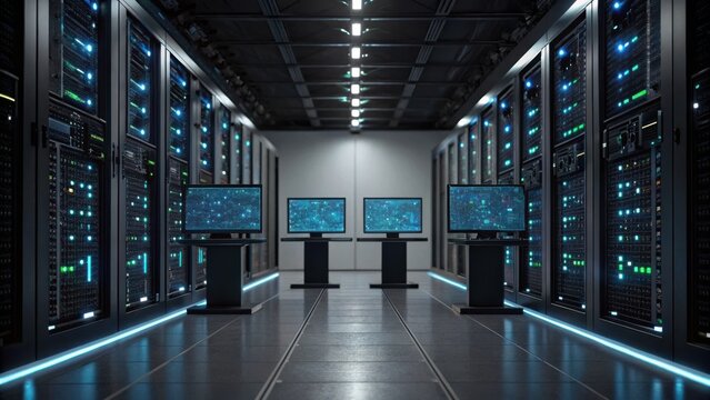High-tech server room with rows of servers and display monitors showcasing data, emphasizing technology and data management.