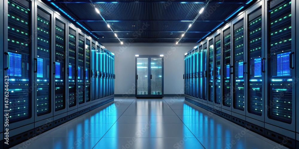 Poster high-tech server room with rows of servers and glowing lights, showcasing a modern data center envir