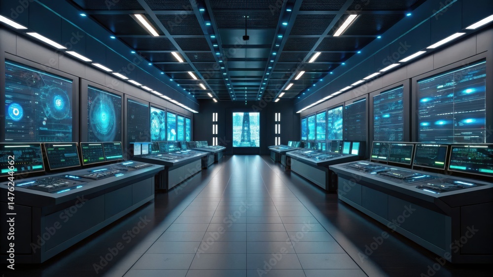 Poster futuristic control room with glowing screens and sleek design, showcasing advanced technology and da