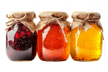 Three jars filled with colorful fruit preserves, each sealed with burlap and twine. Png, Transparent background.