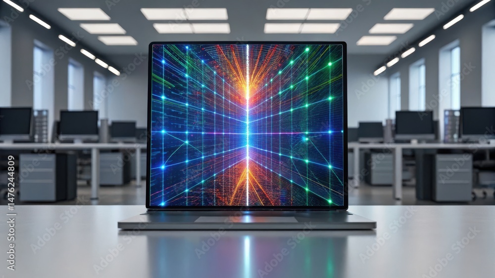 Poster a modern workspace featuring a laptop displaying a colorful digital grid, symbolizing technology and