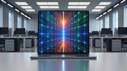A modern workspace featuring a laptop displaying a colorful digital grid, symbolizing technology and innovation in a contemporary office setting.