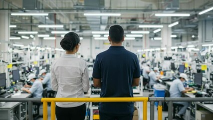 A Diverse Team Observing Operations in a Modern Manufacturing Facility with Multiple Workstations and Employees Engaged in Production Tasks