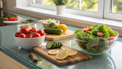Fresh Organic Vegetables and Salad Ingredients on Modern Kitchen Countertop with Natural Light generative ai