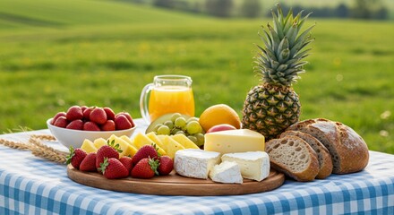 Summer Picnic Spread with Fresh Fruits, Cheese Board, Bread and Orange Juice on Checkered Tablecloth generative ai