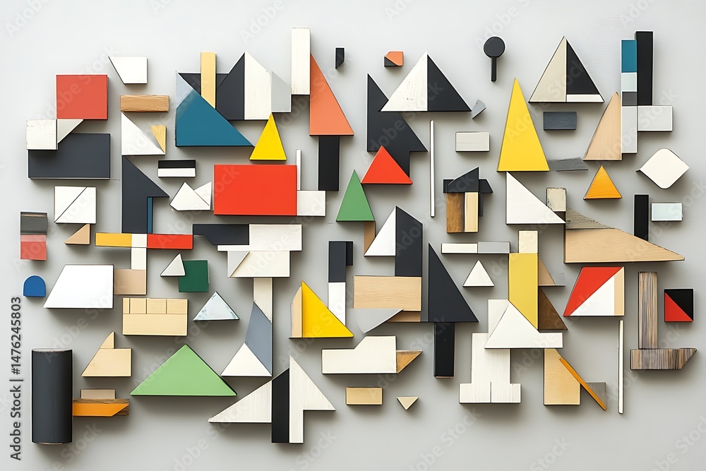 Aufkleber dynamic arrangement of geometric wooden blocks creating abstract artwork