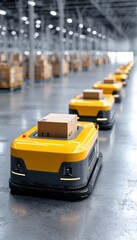 Autonomous yellow robots transport boxes in a modern, automated warehouse with high shelves and bright lighting.
