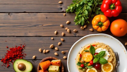 a close up of a wooden table with an assortment of food items arranged around it