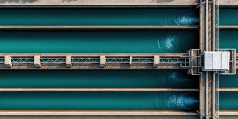 Aerial view of a large water treatment facility with clear blue water and multiple channels separated by walkways.