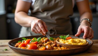 a chef in a kitchen setting preparing a dish