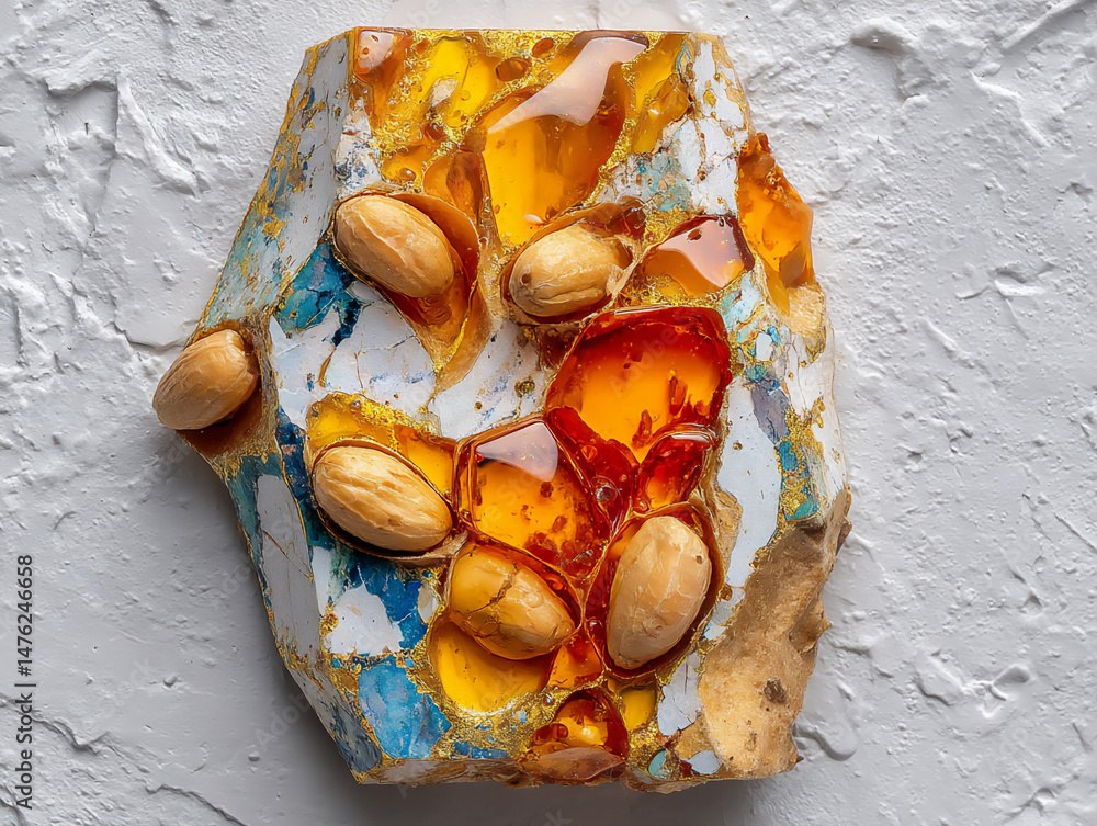 Poster a vertical image featuring the glossy shine of the caramel and the matte surface of the nougat in a 