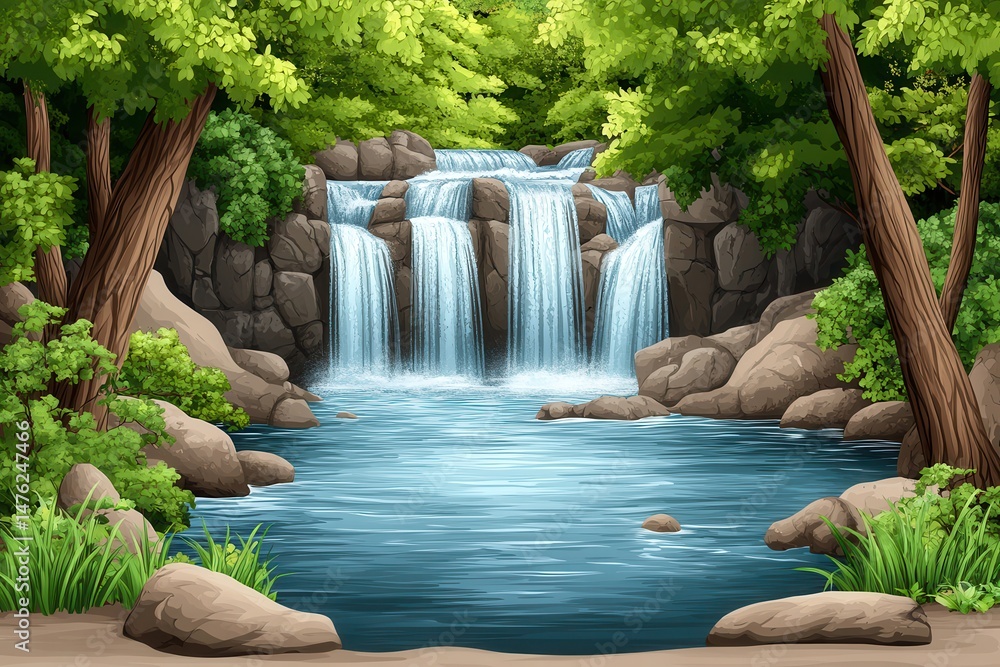 Poster serene waterfall cascading into a tranquil pool surrounded by lush greenery and rocks
