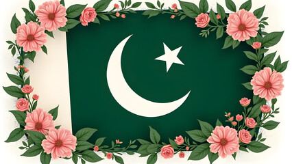 Pakistani Flag around floral frame vector illustration 