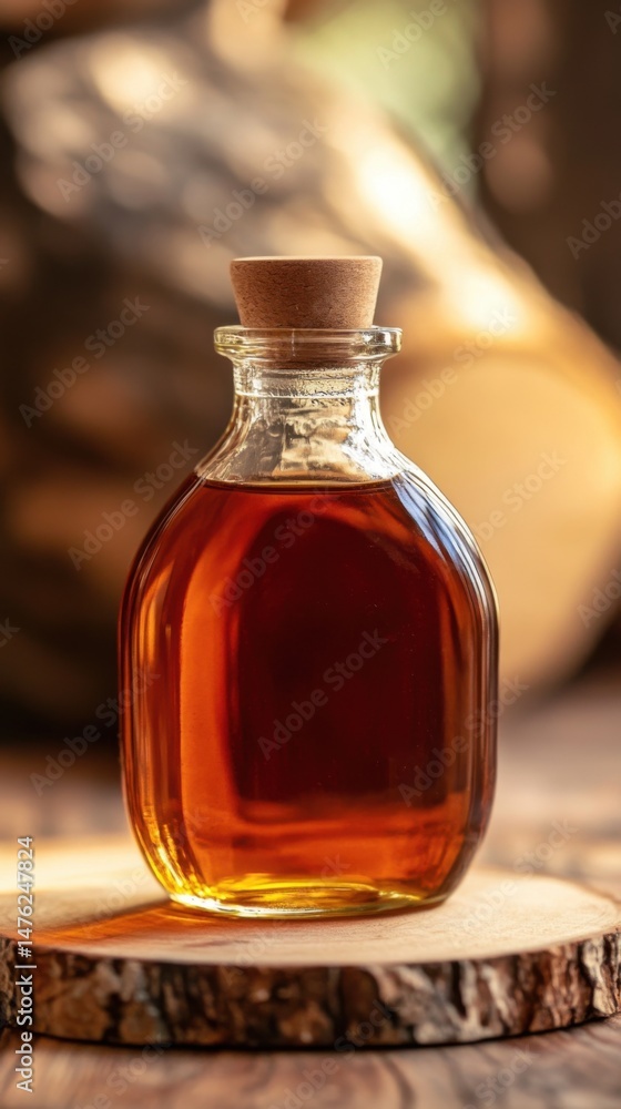 Aufkleber close-up of maple syrup in glass bottle with cork stopper on wood slice in rustic setting vertical