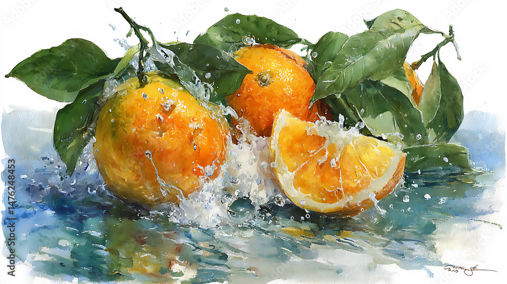 Poster a nostalgic watercolor style image showcasing sliced oranges and splashing water with a warm