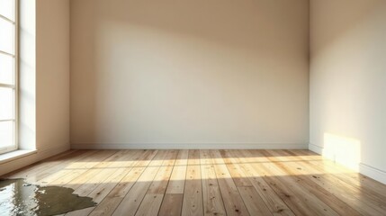 Empty Room with Sunlight Streaming In and Water Damage on Hardwood Floor
