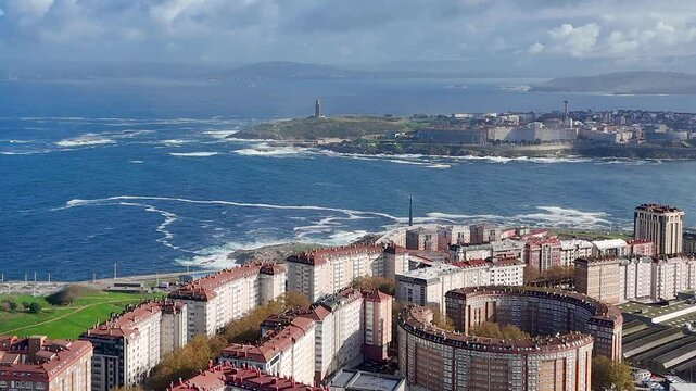ACoru&ntilde;a city over los Rosales, with the Hercules tower on the backgound. Visual efect with Hictcok style