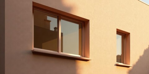 Warm Sunset Light Illuminates Modern Architectural Windows on a Tan Building Facade