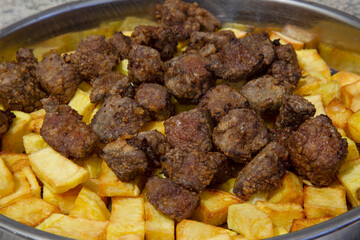 Liver pan (Albanian liver) Turkish traditional food. Liver over rice. (Turkish name; arnavut ciger) 
