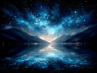 a serene color photograph of a calm lake under a clear, starlit night sky, with the stars perfectly mirrored on the still water. starry night reflection.