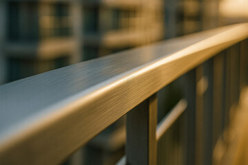 Brushed Metal Railing in Soft Sunset Light with Urban Blur