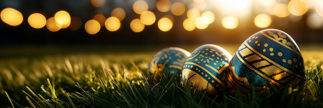 Golden ornaments on grass with soft glowing lights abstract background, Perfect for elegant holiday greetings, festive promotions, and luxury events