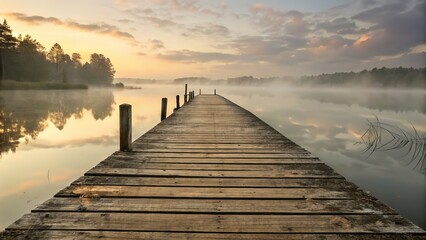 Fototapeta premium A tranquil morning scene of a wooden dock stretching across a misty lake