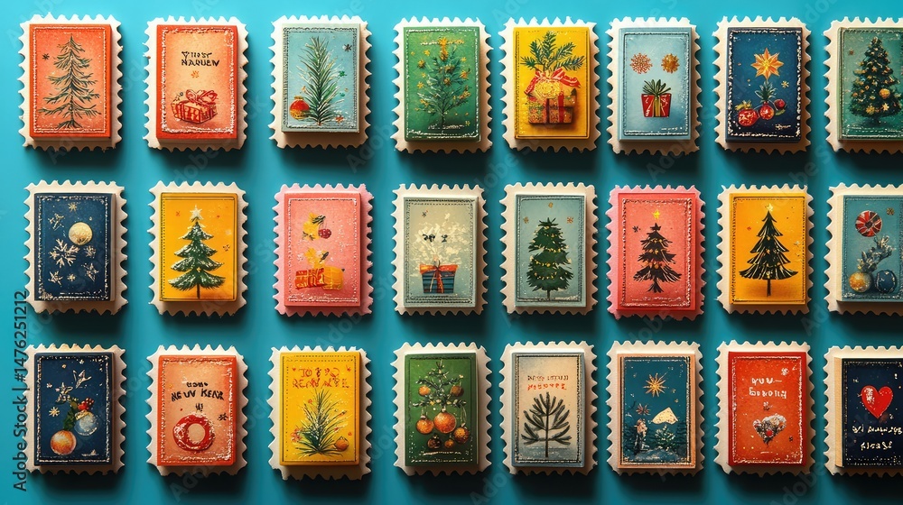 Fototapete multiple rows of minimalist new year stamp graphics, showcasing bold typography and simple festive i