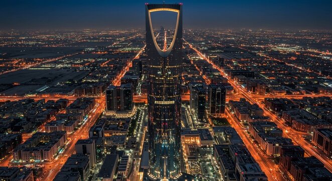 The golden glow of the towering Kingdom Centre and its unique parabolic arch contrasts beautifully with the sprawling, light-streaked urban environment at dusk