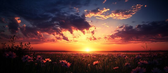 An open field at sunset with wildflowers silhouetted against a breathtaking sky creating a peaceful atmosphere