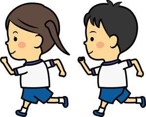 走る男女の日本人小学生