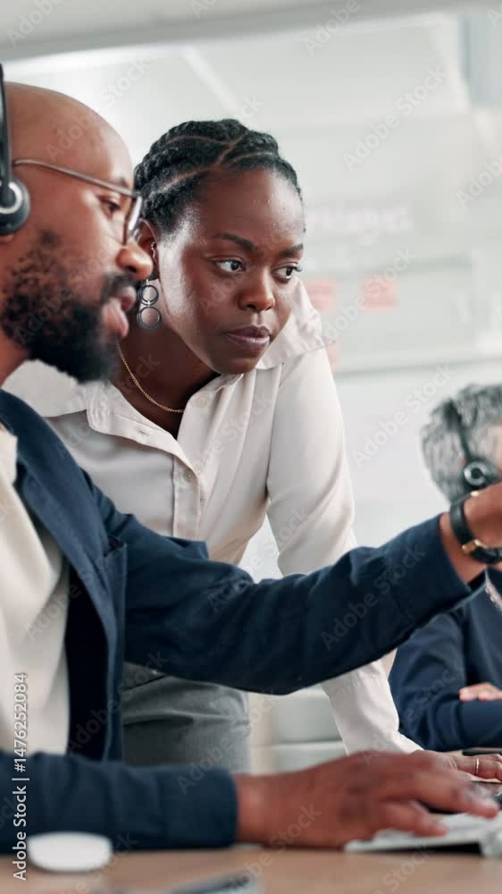 Poster call center, people and coaching with mentor on computer for support, talking and help happy intern.