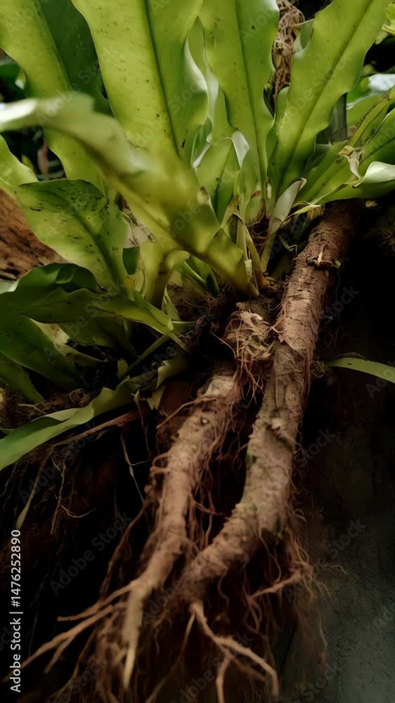 Poster close up of bird's nest fern plant growing on tree branch displaying fronds and root system in a bot