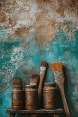 Still life of paintbrushes in jars on rustic stool against textured wall in studio setting artistic composition