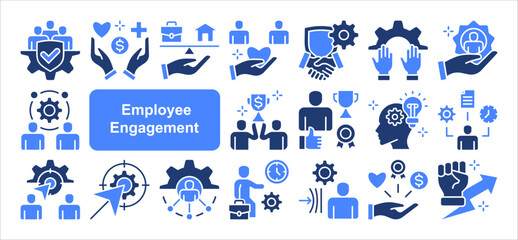 Employee engagement icon collection set. Containing workload, motivation, expectation, goal, recognition, appreciation, inclusion icon. Simple flat vector.
