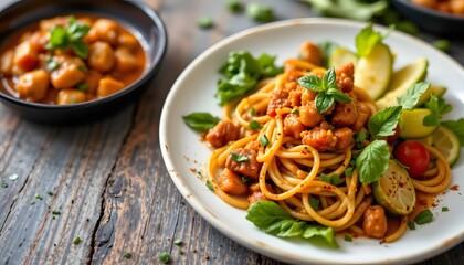 a delicious meal of spaghetti with meat sauce and garnished with herbs and a wedge of lemon