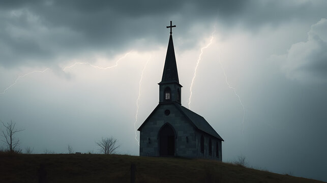 A desecrated chapel on a hill, its spire blackened by lightning strikes.