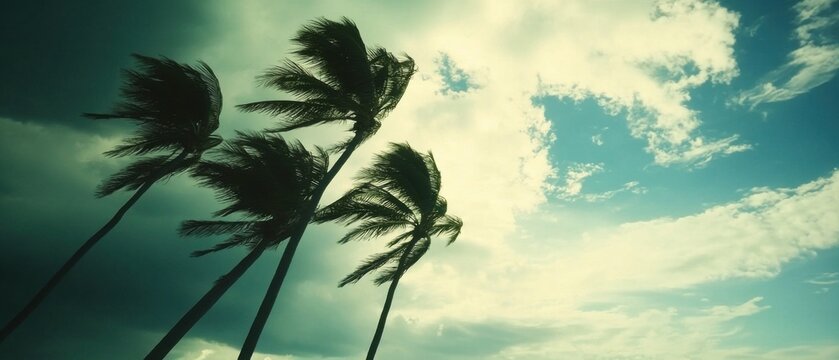Palm Trees Swaying in Strong Wind Low Angle Shot Against Dramatic Sky Tropical Storm Approaching