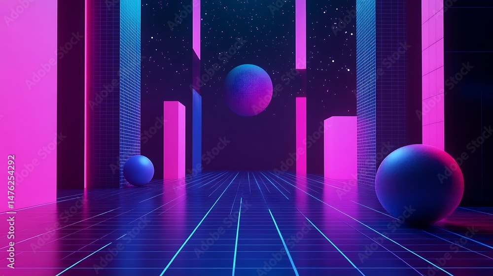 Aufkleber neon sphere in space: immerse yourself in a neon-lit galaxy, where spheres and rectangular structure