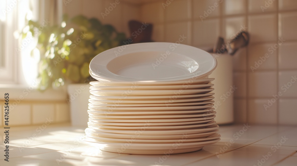Poster stacked white plates on a kitchen counter with sunlight filtering through a window