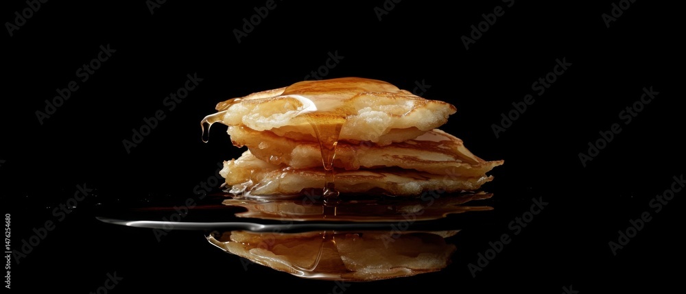 Poster stack of pancakes drizzled with syrup in studio shot on black background with reflection delicious b