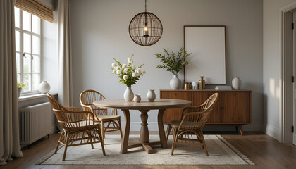 Neutral dining room with rattan chair, round table, wooden sideboard, and mock up poster — a cozy blend of rustic and modern elegance.