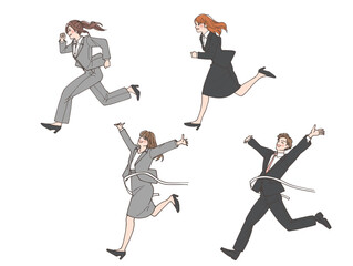 ダッシュしている女性とゴールして喜んでいる男女のビジネスマンのイラストセット競争社会