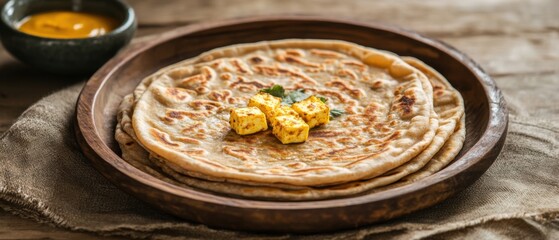 Close up of Paneer Paratha in wooden bowl with curry dip on rustic table top down view Indian cuisine