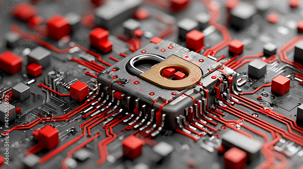 Poster cybersecurity action protecting digital systems with circuitry in a high-tech environment