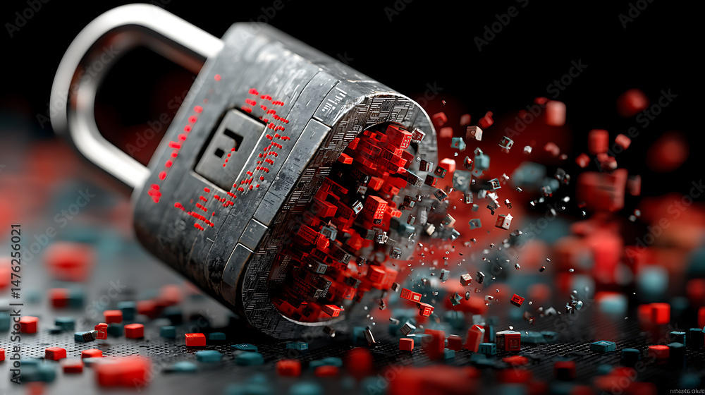 Poster cybersecurity breach visualization digital space conceptual art abstract environment close-up view d