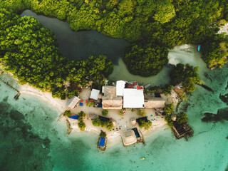 Aerial view of an island town in the Caribbean Sea.